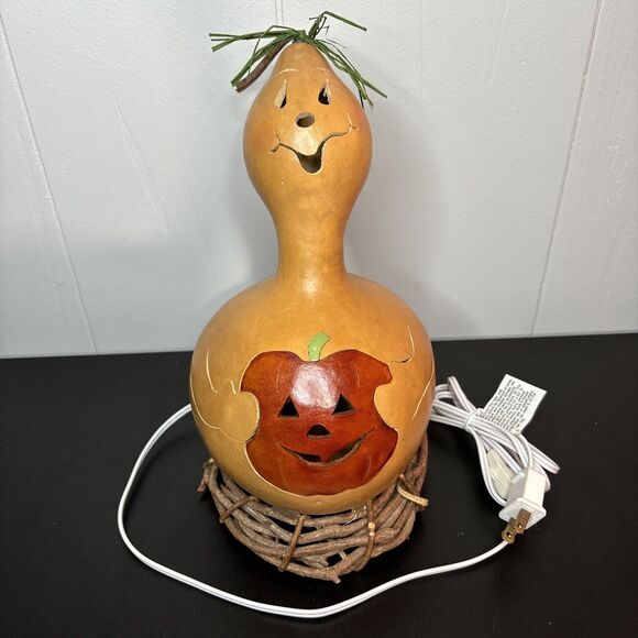 Halloween Gourd Hand Carved Ghost Jack-o-Latern Light - Picture 1 of 16